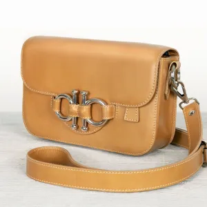 Lana - English Stirrup Crossbody Bag in Caramel Italian Leather with Nickel Hardware Equestrian Handbag