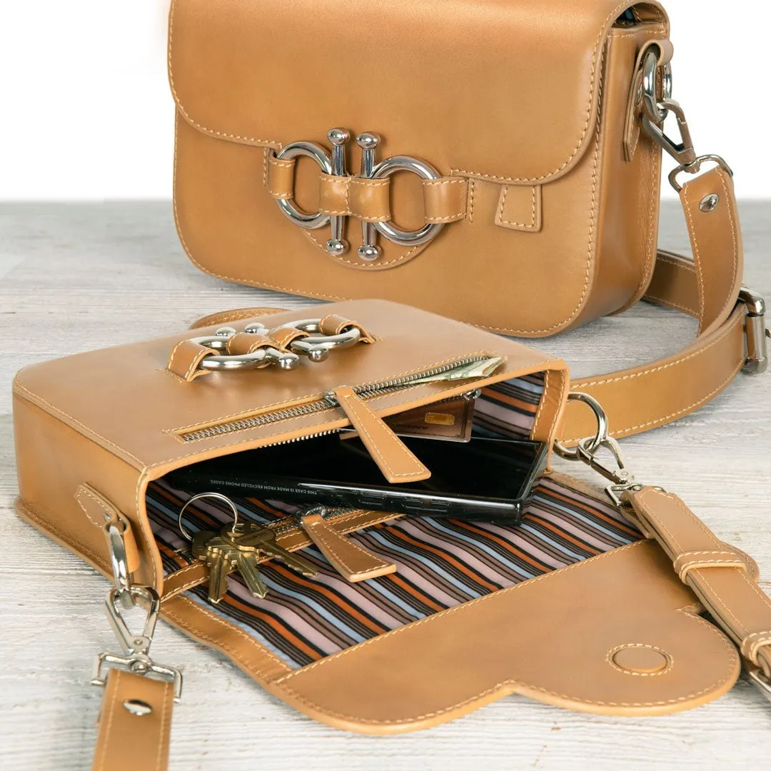 Lana - English Stirrup Crossbody Bag in Caramel Italian Leather with Nickel Hardware Equestrian Handbag
