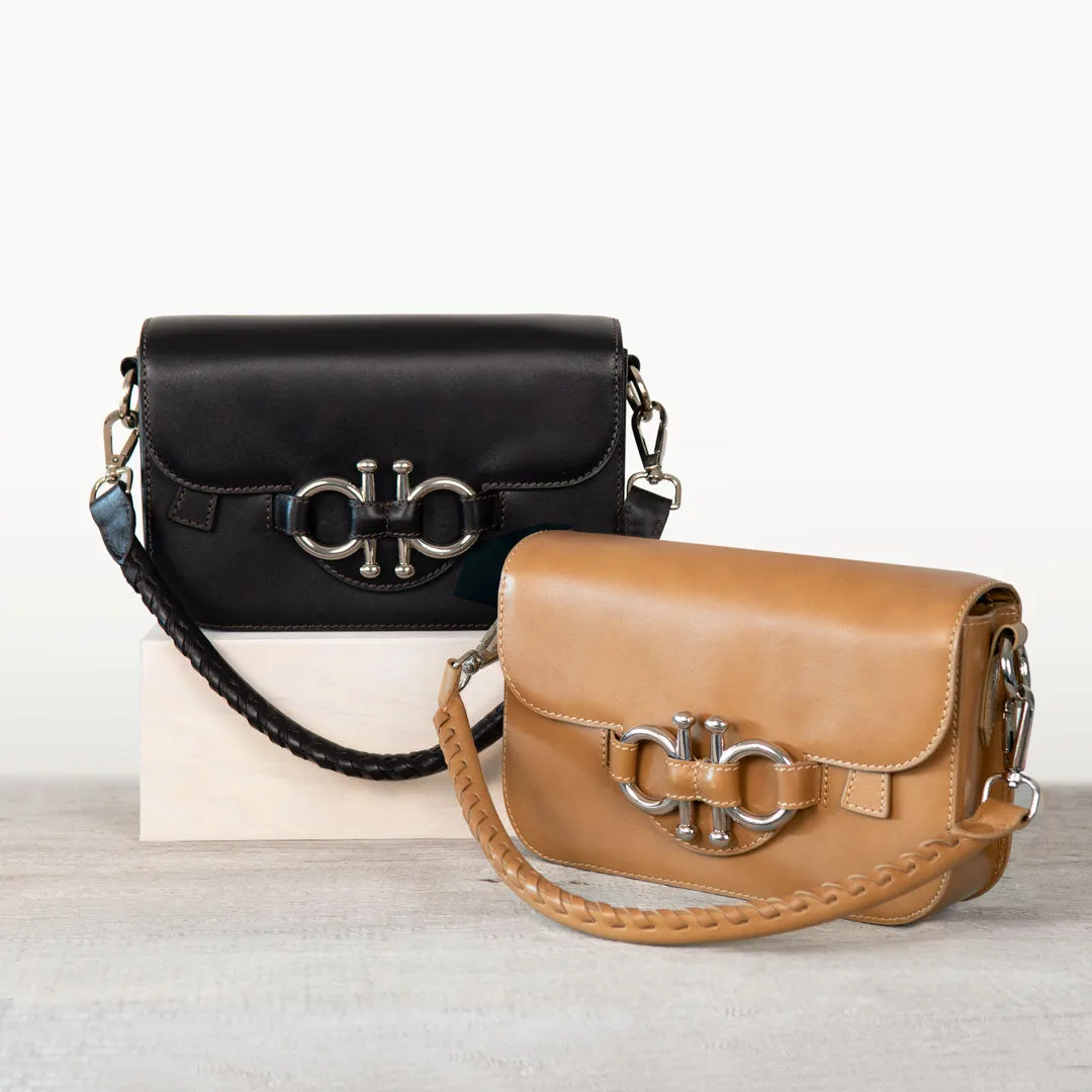 Lana - English Stirrup Crossbody Bag in Caramel Italian Leather with Nickel Hardware Equestrian Handbag