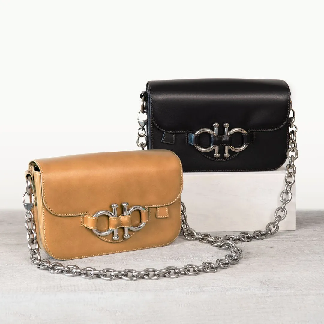 Lana - English Stirrup Crossbody Bag in Caramel Italian Leather with Nickel Hardware Equestrian Handbag