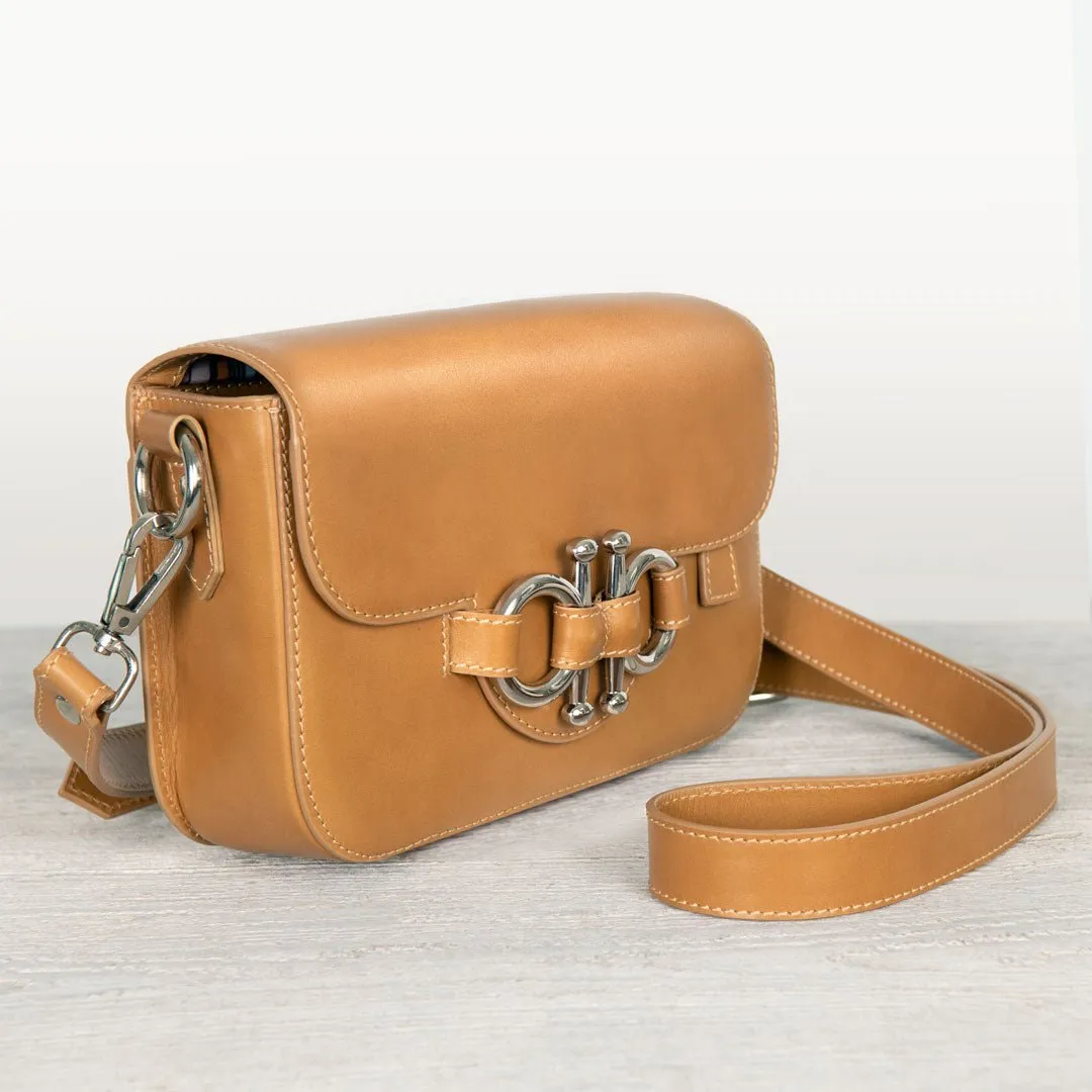Lana - English Stirrup Crossbody Bag in Caramel Italian Leather with Nickel Hardware Equestrian Handbag