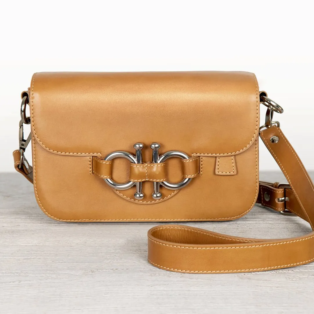 Lana - English Stirrup Crossbody Bag in Caramel Italian Leather with Nickel Hardware Equestrian Handbag