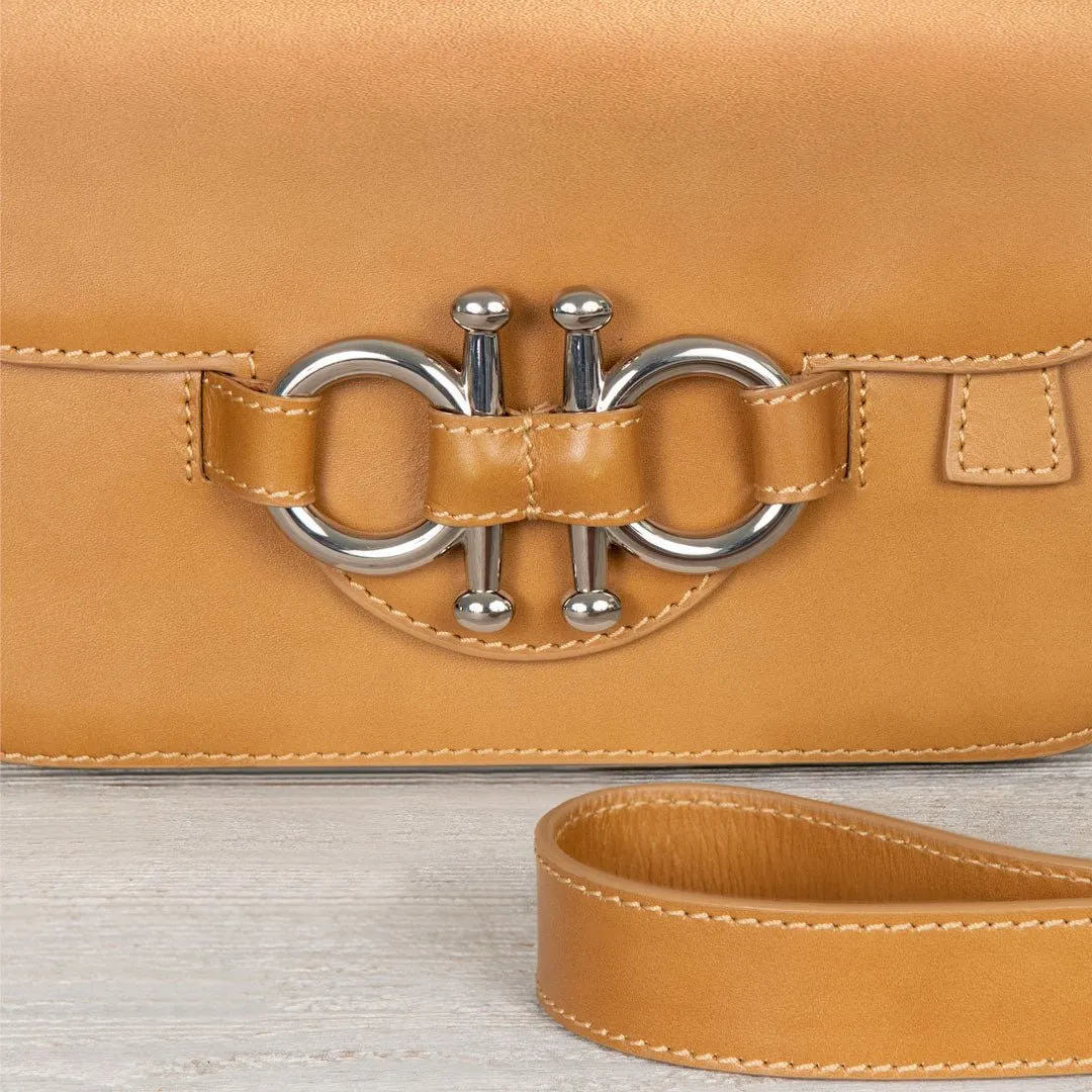 Lana - English Stirrup Crossbody Bag in Caramel Italian Leather with Nickel Hardware Equestrian Handbag