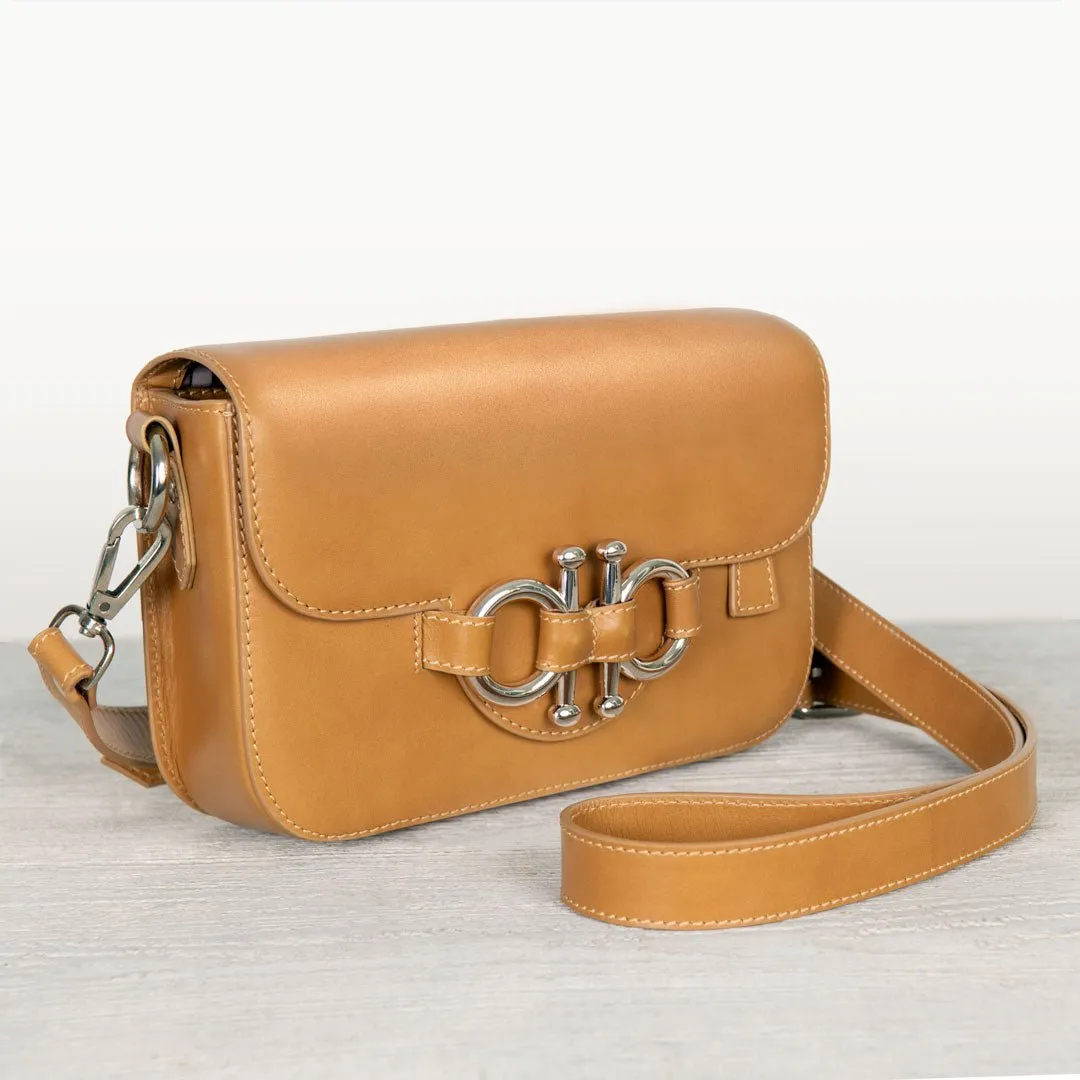 Lana - English Stirrup Crossbody Bag in Caramel Italian Leather with Nickel Hardware Equestrian Handbag