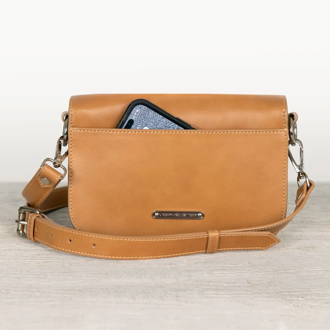 Lana - English Stirrup Crossbody Bag in Caramel Italian Leather with Nickel Hardware Equestrian Handbag