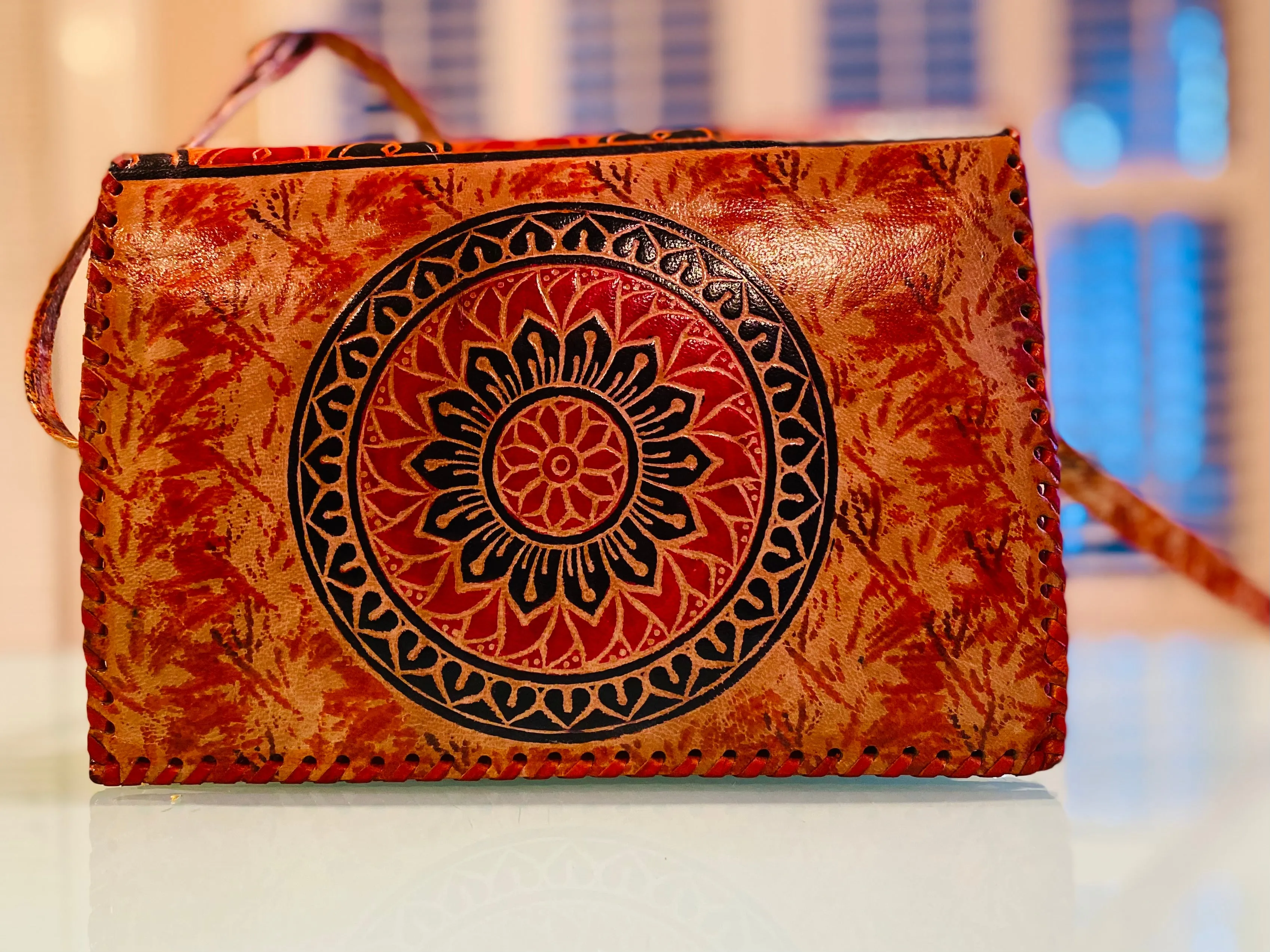 LEATHER PURSE orange with black chakra