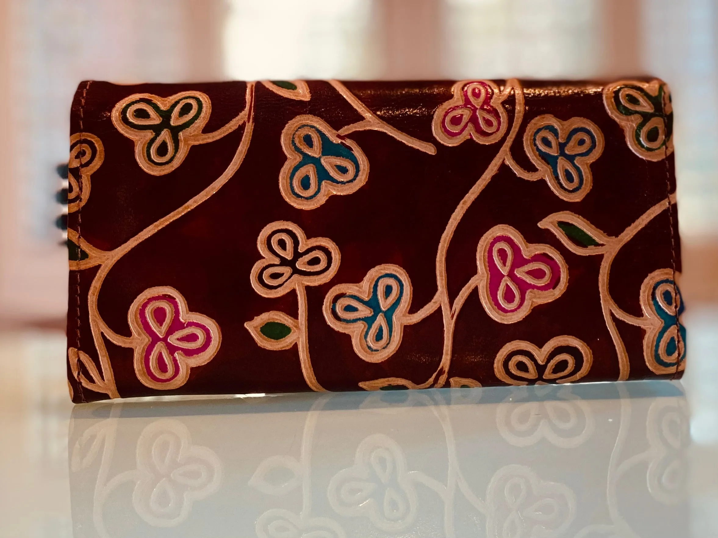 LEATHER WALLET CHOCOLATE BROWN BACKGROUND WITH FLOWERS