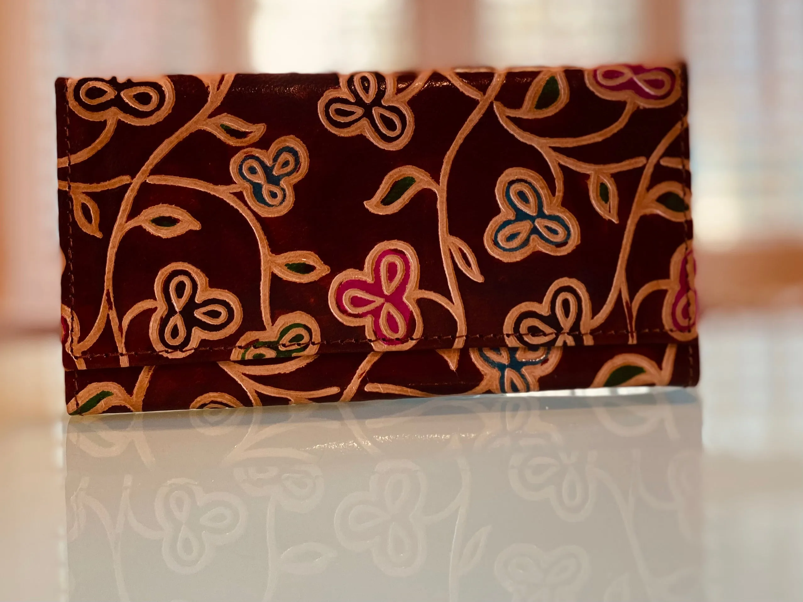 LEATHER WALLET CHOCOLATE BROWN BACKGROUND WITH FLOWERS