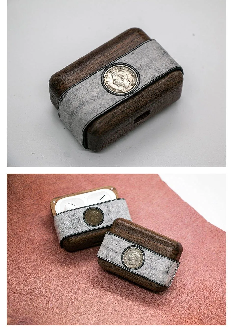 Leather Wood AirPods Pro Case with Coin Custom Handmade Leather Wood AirPods Pro Case Airpod Case Cover