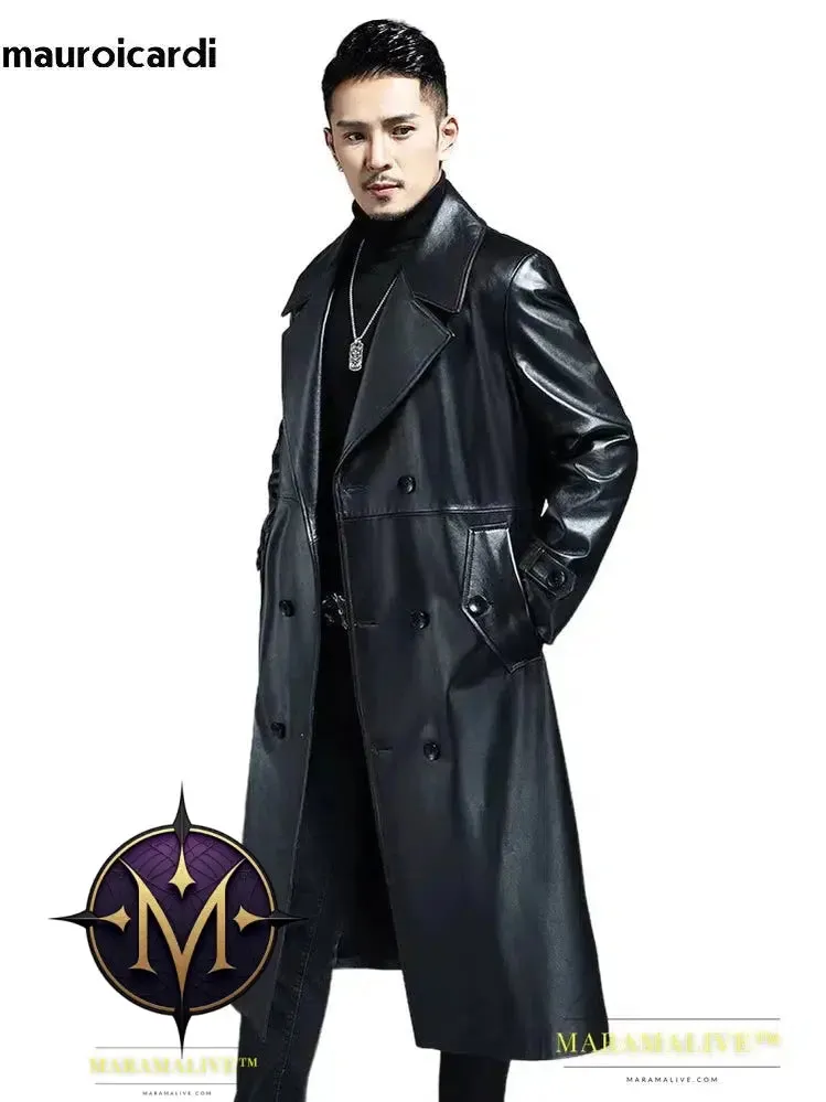 Long Cool Waterproof Black Pu Leather Trench Coat Men Double Breasted Plus Size Outerwear 4xl 5xl 2022