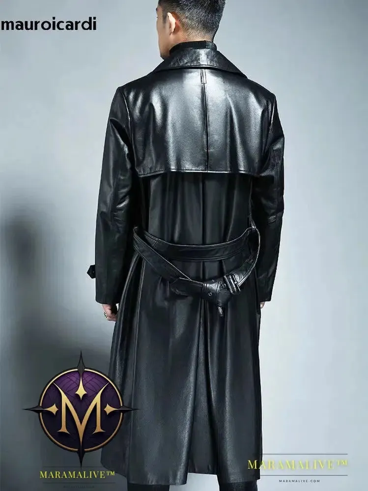 Long Cool Waterproof Black Pu Leather Trench Coat Men Double Breasted Plus Size Outerwear 4xl 5xl 2022