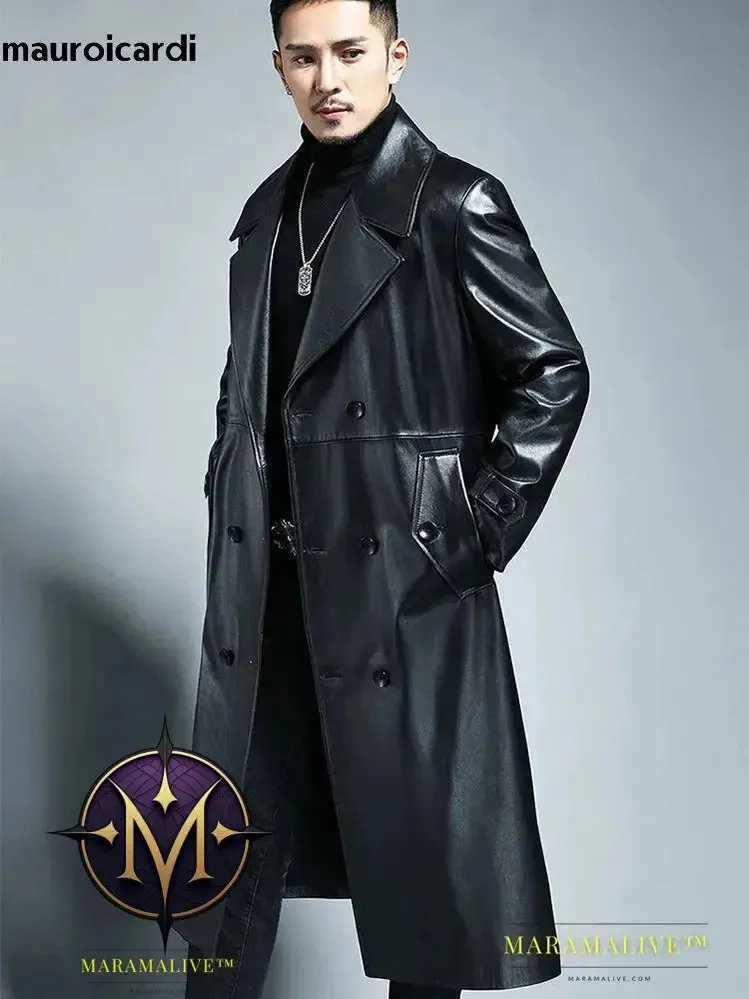 Long Cool Waterproof Black Pu Leather Trench Coat Men Double Breasted Plus Size Outerwear 4xl 5xl 2022