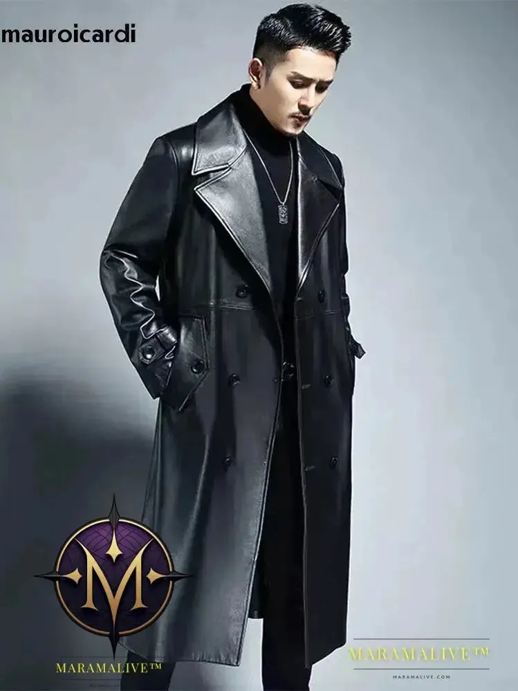 Long Cool Waterproof Black Pu Leather Trench Coat Men Double Breasted Plus Size Outerwear 4xl 5xl 2022