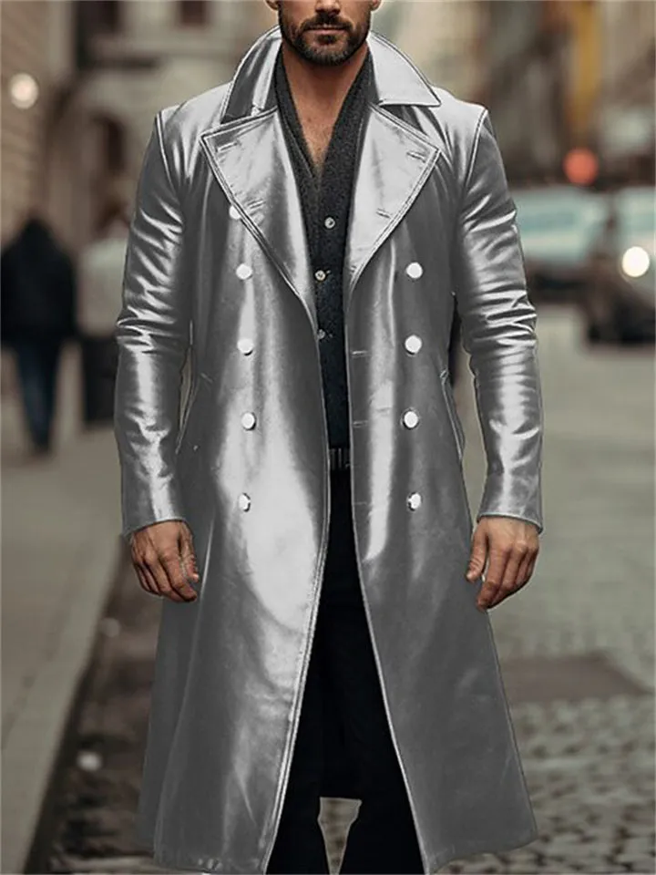 Male Double-breasted Faux Leather Long Trench Coats