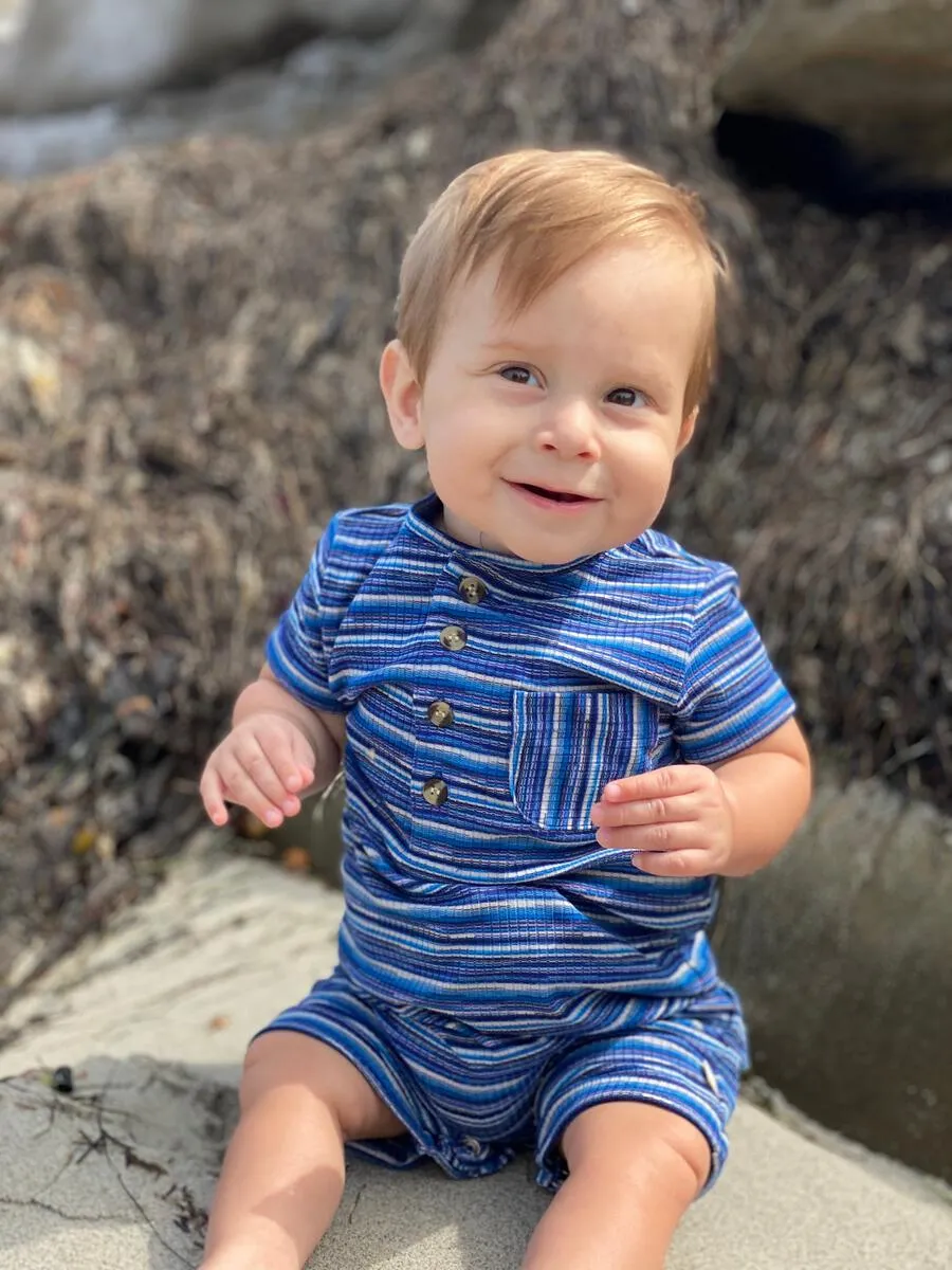 Me & Henry Blue/White Multi Ribbed Stripe Camborne Henley Romper