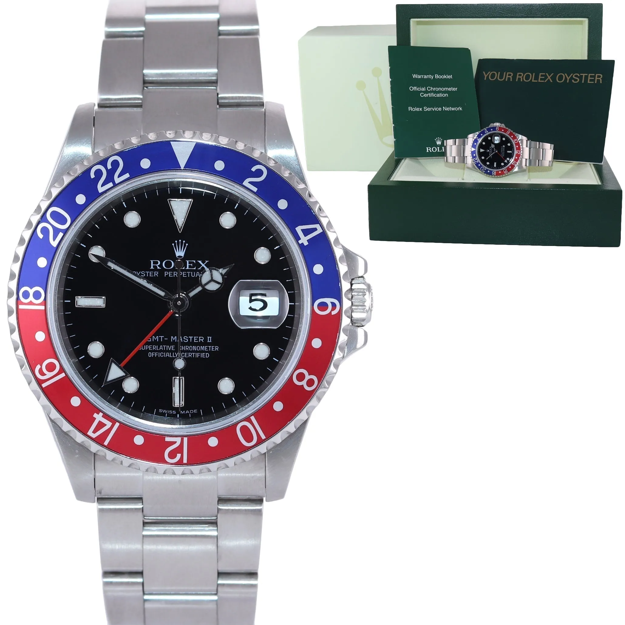 MINT 2004 Rolex GMT-Master 2 Pepsi Blue Red Steel 16710 NO HOLES Black Watch