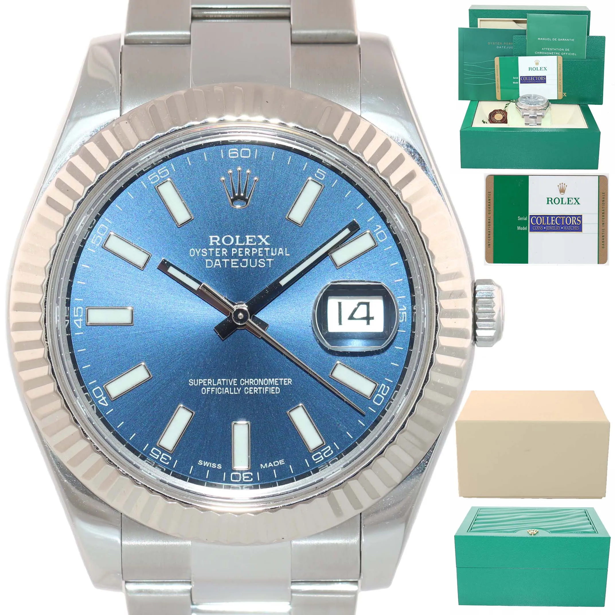 MINT 2016 PAPERS Rolex Datejust II BLUE 41mm 18k White Gold Fluted 116334 Watch