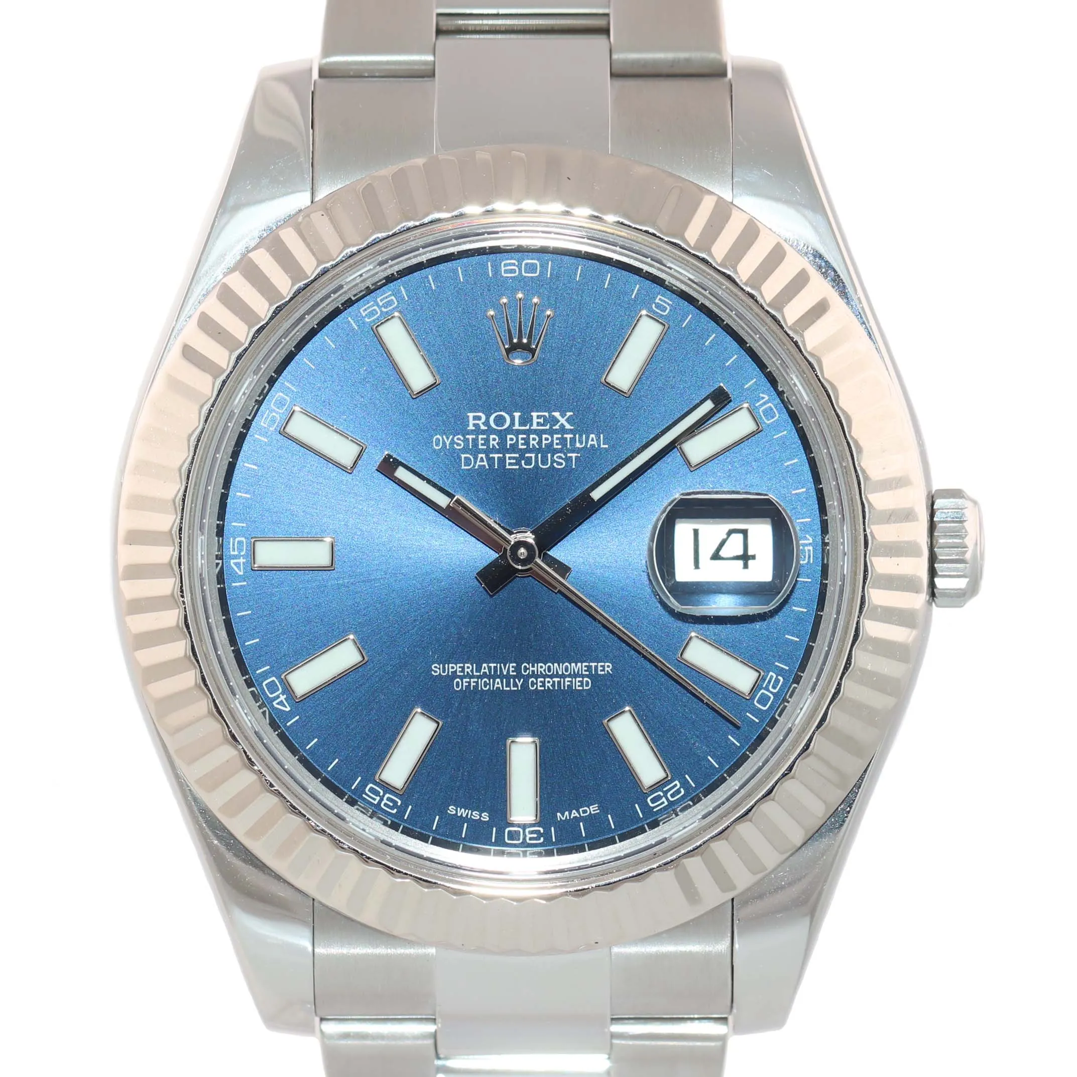 MINT 2016 PAPERS Rolex Datejust II BLUE 41mm 18k White Gold Fluted 116334 Watch