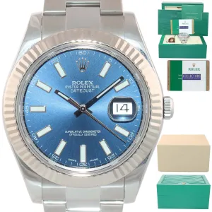 MINT 2016 PAPERS Rolex Datejust II BLUE 41mm 18k White Gold Fluted 116334 Watch