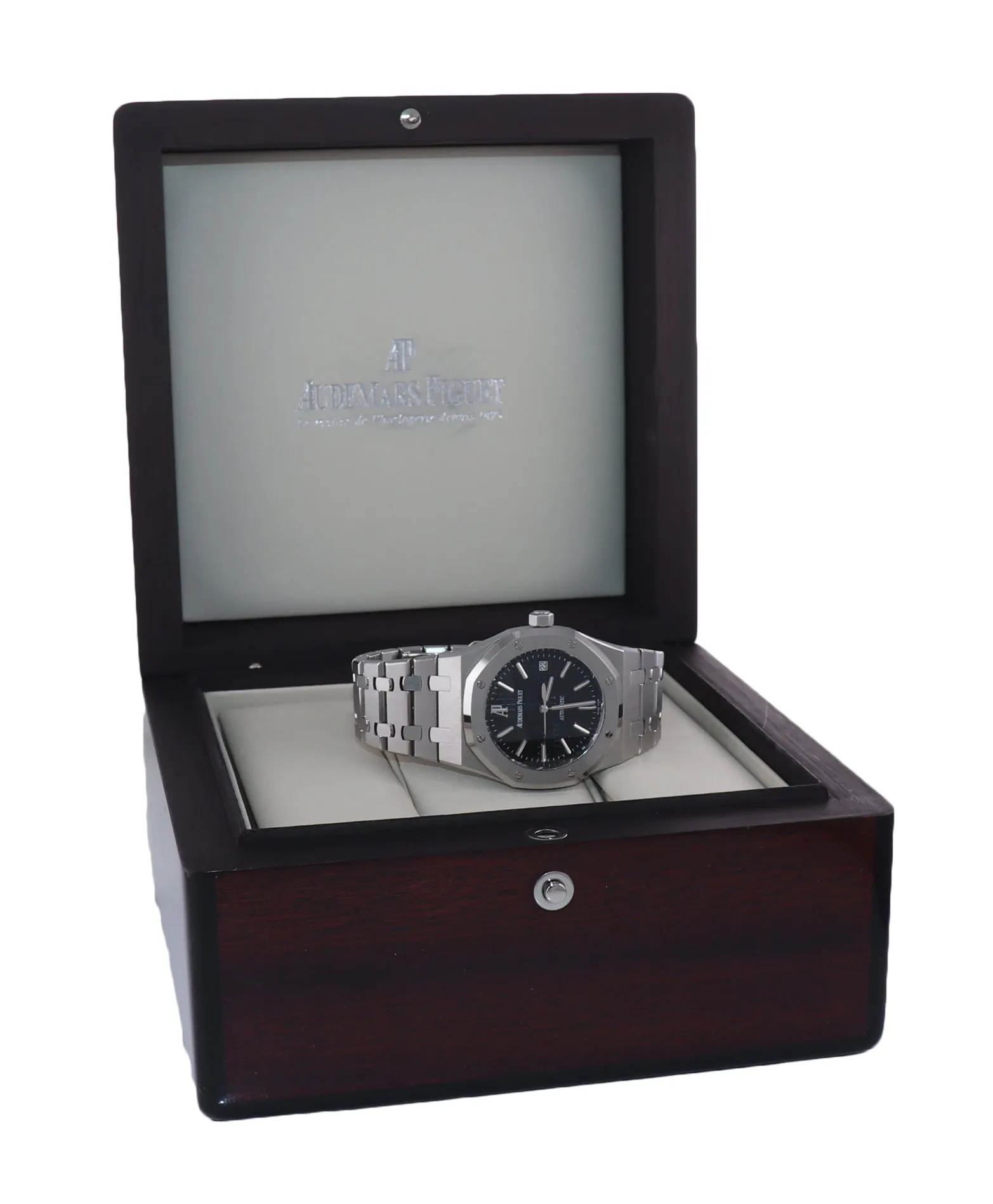 MINT Audemars Piguet Royal Oak Black Stick Dial 39mm Steel 15300 Date Watch Box