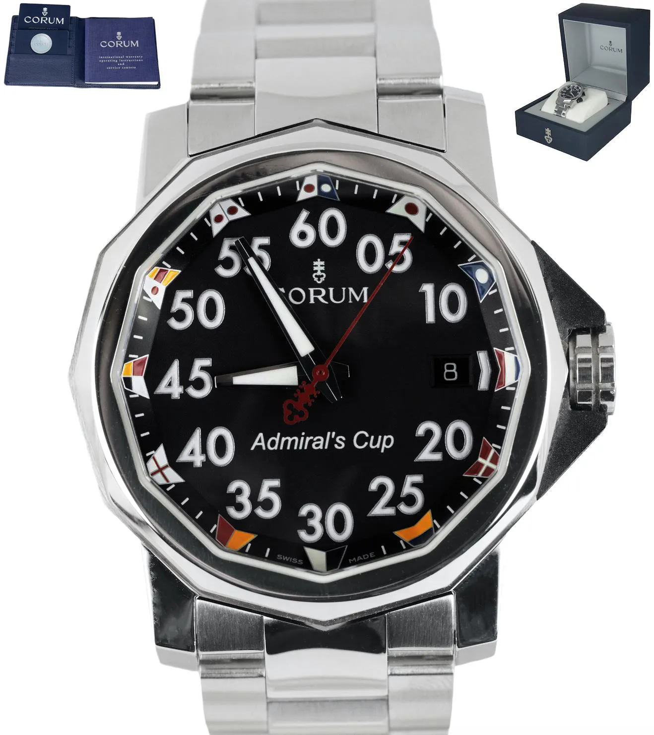 MINT Corum Admiral's Cup 40mm Black Arabic Stainless Steel 082.961.20 Mens Watch