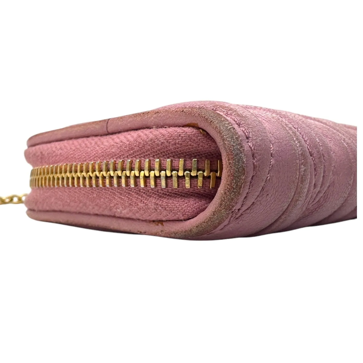 MIU MIU Zip Around Matelasse Card/Coin Case with Key Ring Chain - Pink
