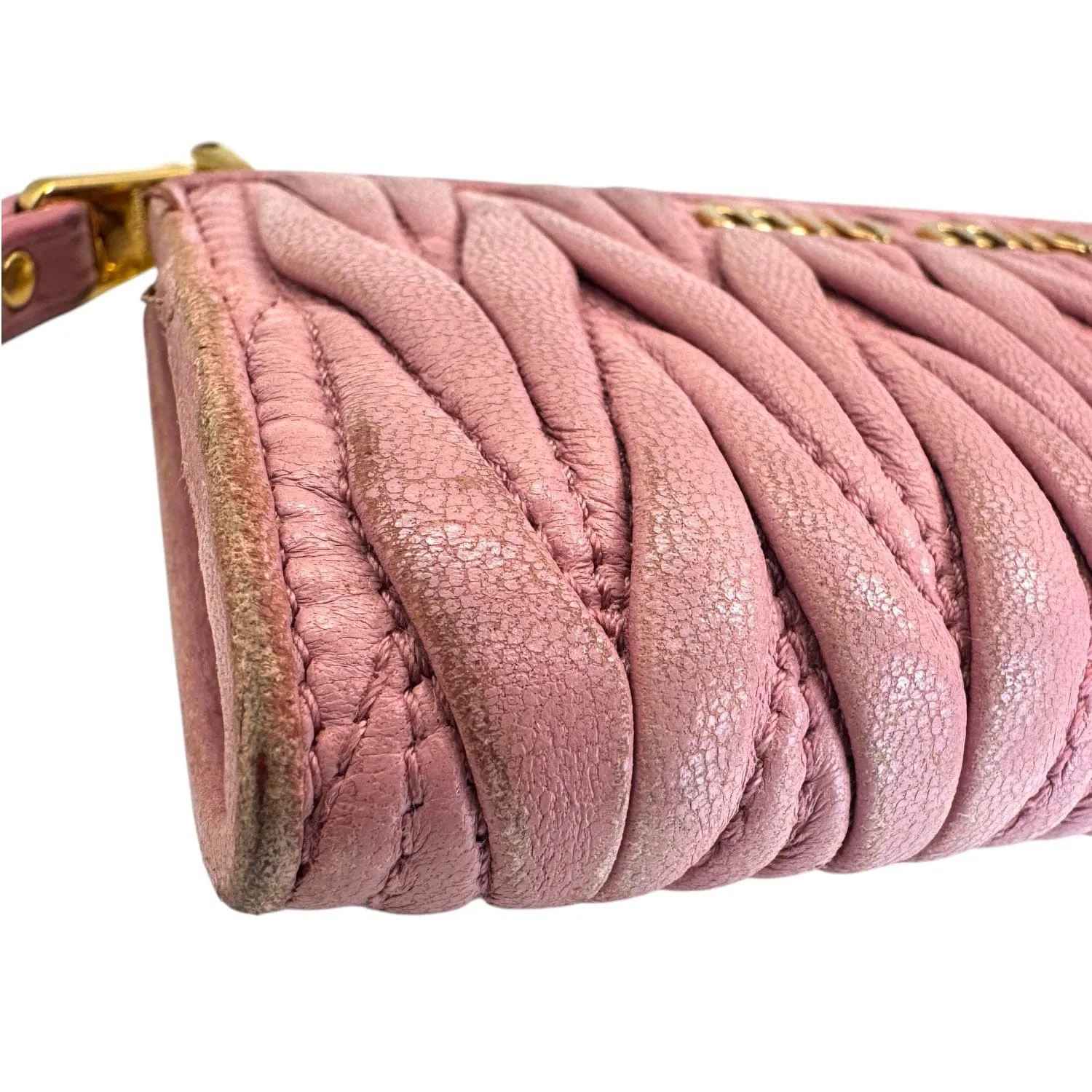 MIU MIU Zip Around Matelasse Card/Coin Case with Key Ring Chain - Pink