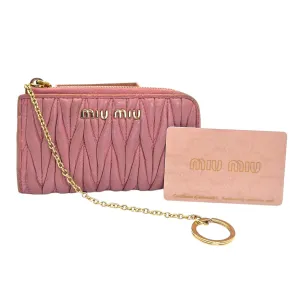 MIU MIU Zip Around Matelasse Card/Coin Case with Key Ring Chain - Pink