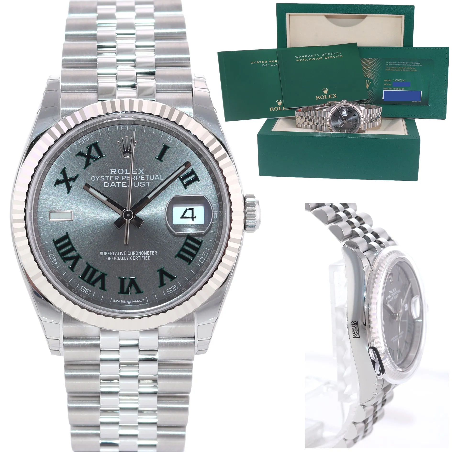 New 2022 Rolex DateJust Wimbledon Jubilee 126234 Steel White Gold Fluted Watch