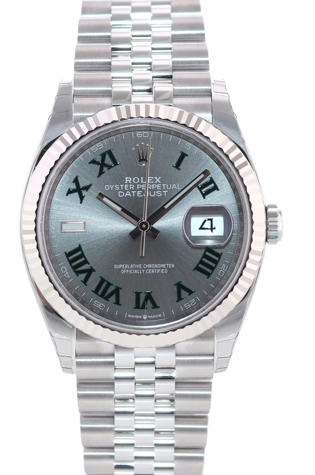 New 2022 Rolex DateJust Wimbledon Jubilee 126234 Steel White Gold Fluted Watch