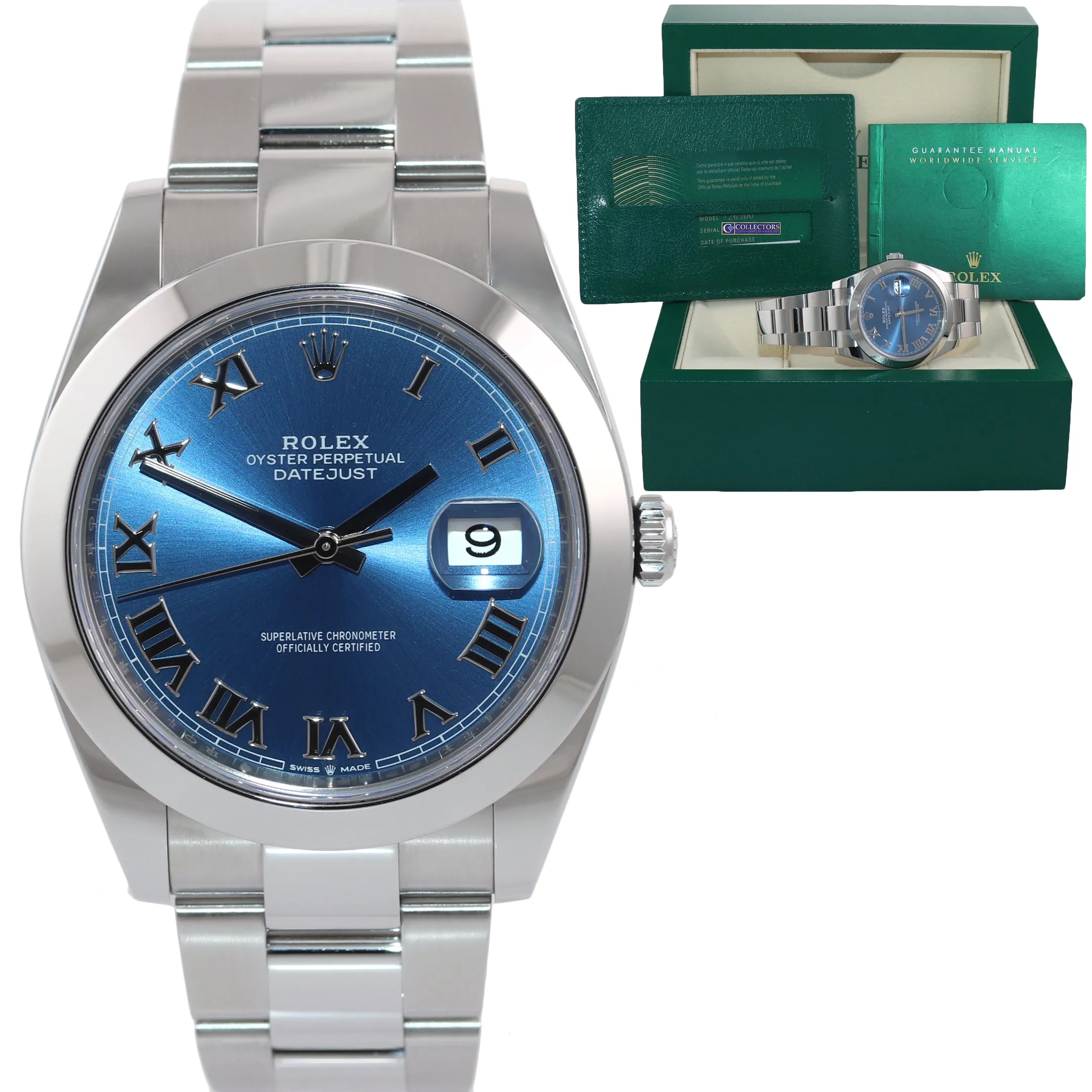 NEW PAPERS Rolex DateJust 41 Steel 126300 Blue Roman Oyster Band Watch Box