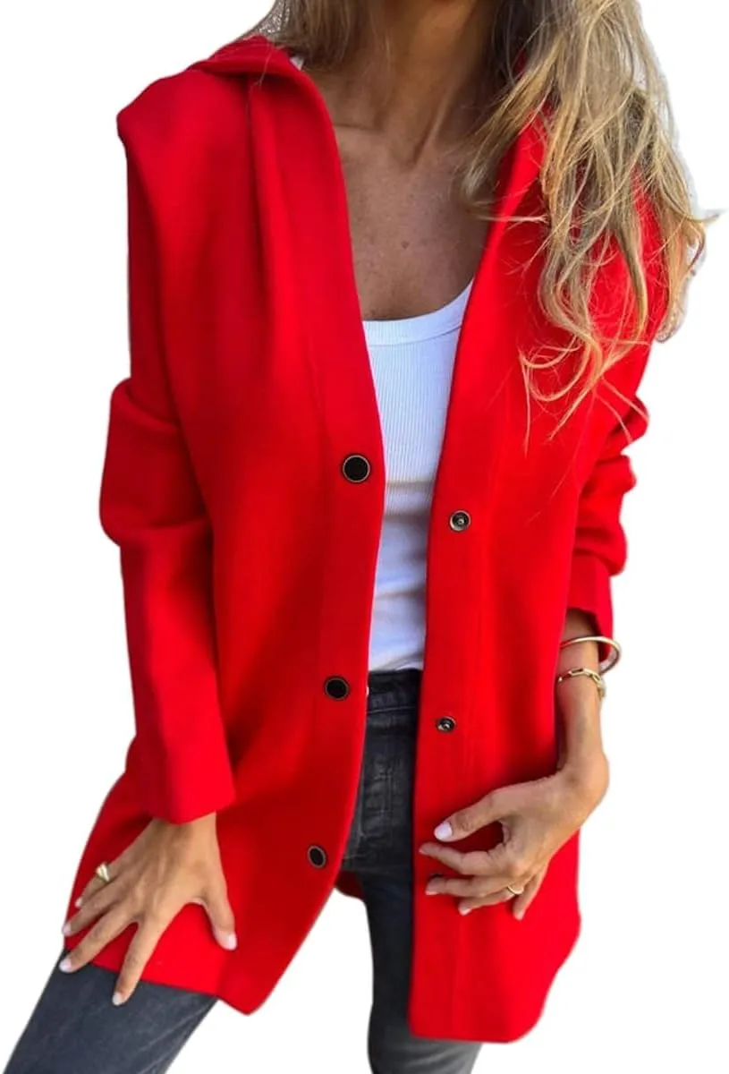 NEW Retails $45  Casual Single Breasted Hooded Jacket for Women, Pocket Drop Shoulder Lapel Button Overcoat, Fall Solid Long Trench Coat, Red, Sz M