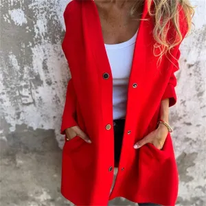 NEW Retails $45  Casual Single Breasted Hooded Jacket for Women, Pocket Drop Shoulder Lapel Button Overcoat, Fall Solid Long Trench Coat, Red, Sz M