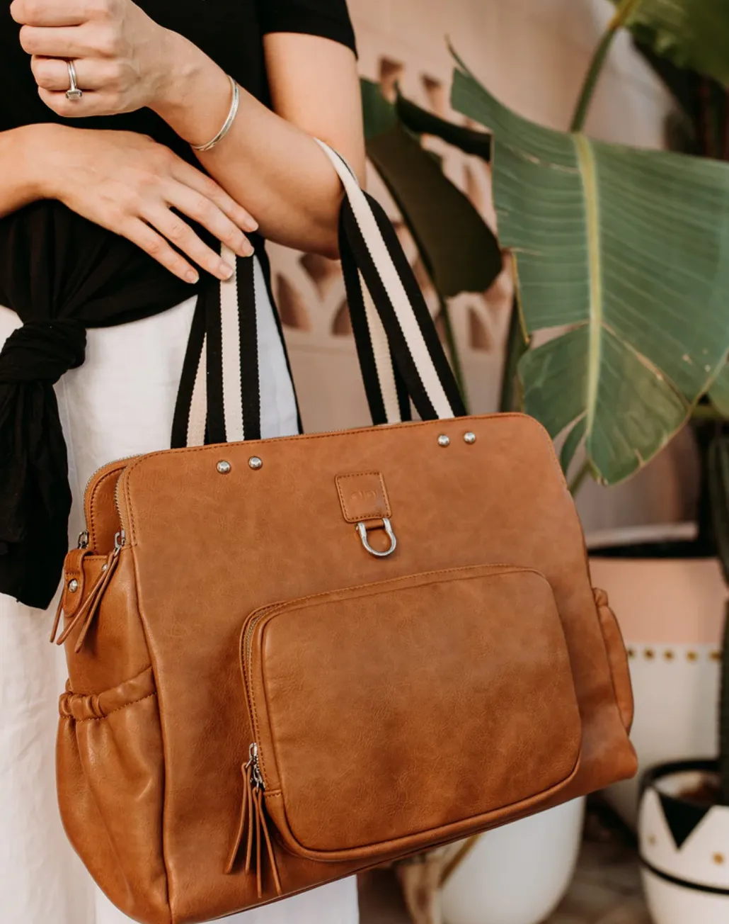 OiOi Faux Leather Triple Tote Compartment baby changing bag  Tan