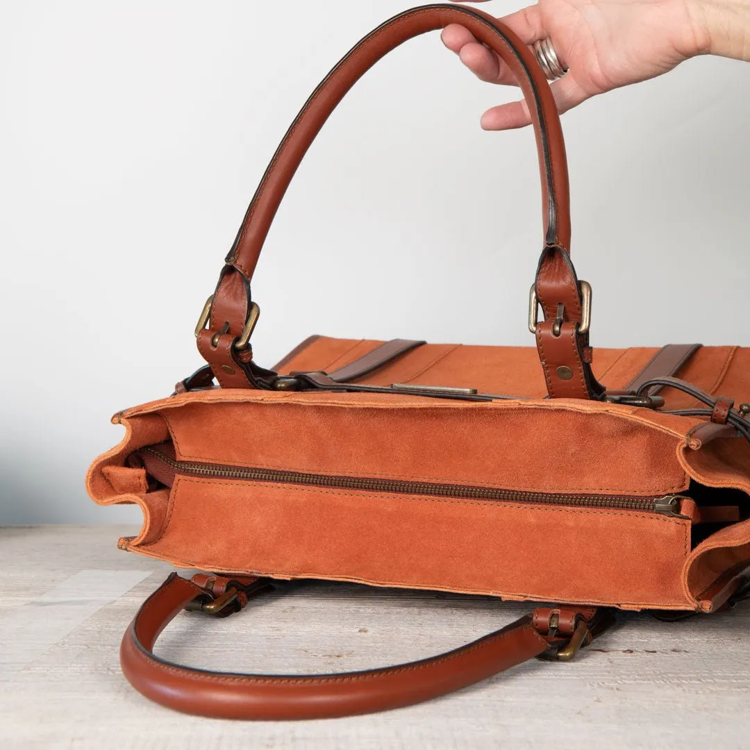 Paddock -  Custom Equestrian Halter Bracket Tote Bag in Italian Leather and Suede two tone Cognac on Cognac