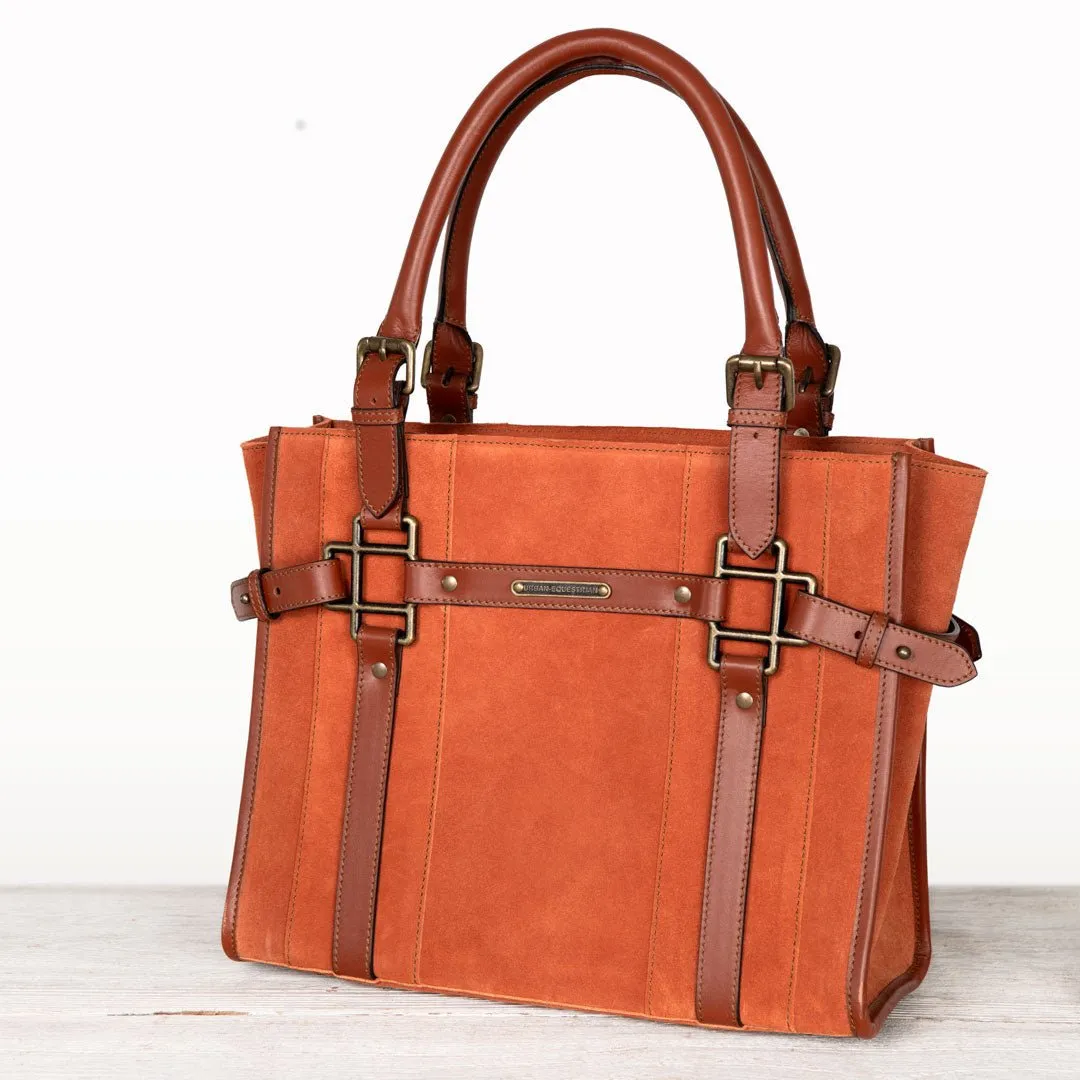 Paddock -  Custom Equestrian Halter Bracket Tote Bag in Italian Leather and Suede two tone Cognac on Cognac