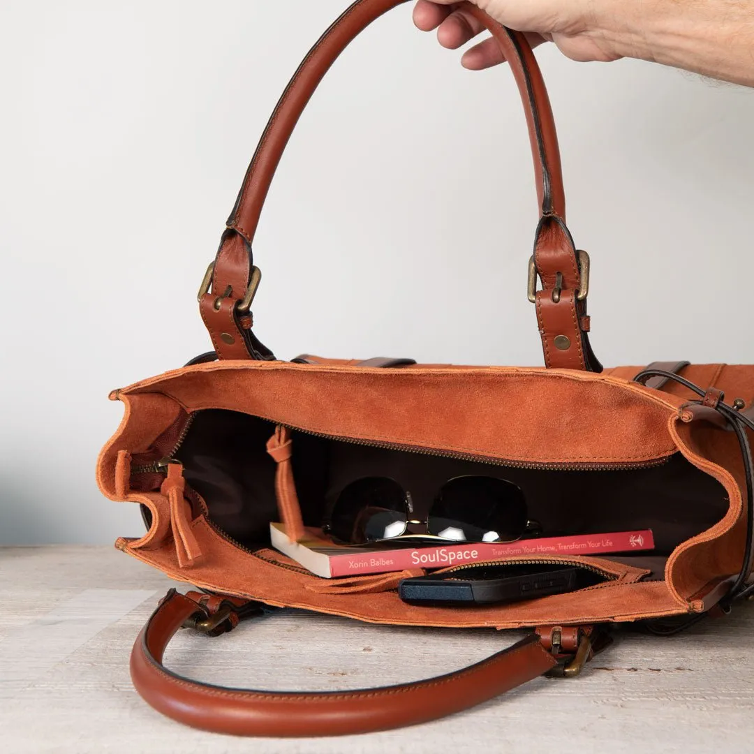 Paddock -  Custom Equestrian Halter Bracket Tote Bag in Italian Leather and Suede two tone Cognac on Cognac