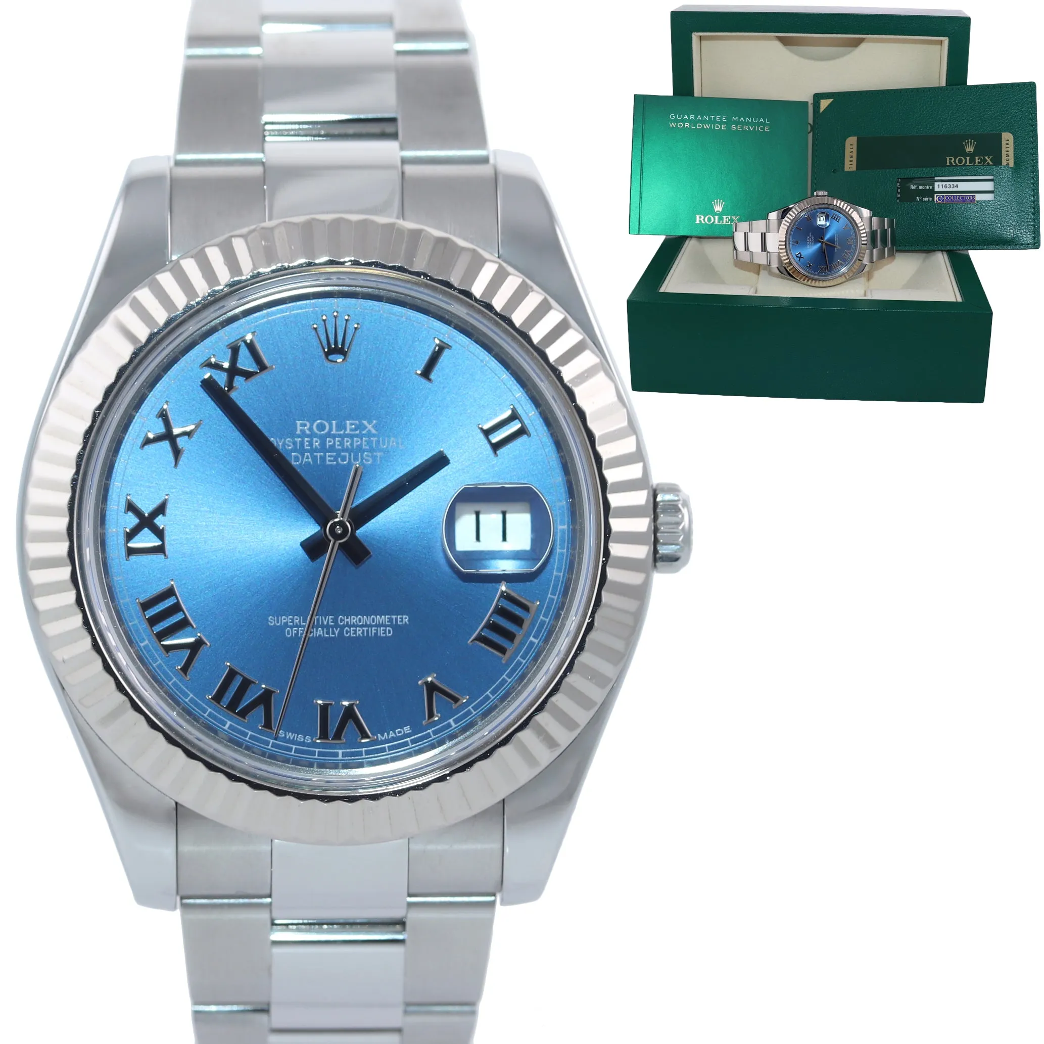 PAPERS Rolex DateJust II 41MM Blue Roman 116334 Steel 18K White Gold Watch Box