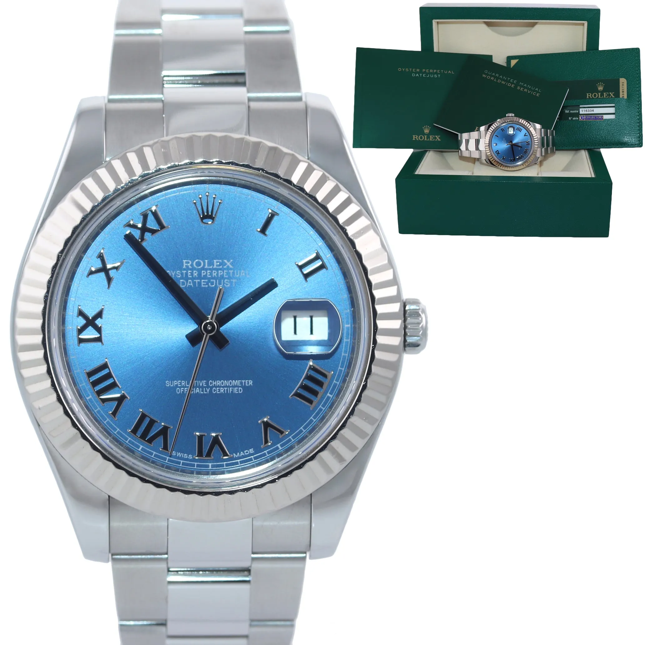 PAPERS Rolex DateJust II 41MM Blue Roman 116334 Steel 18K White Gold Watch Box