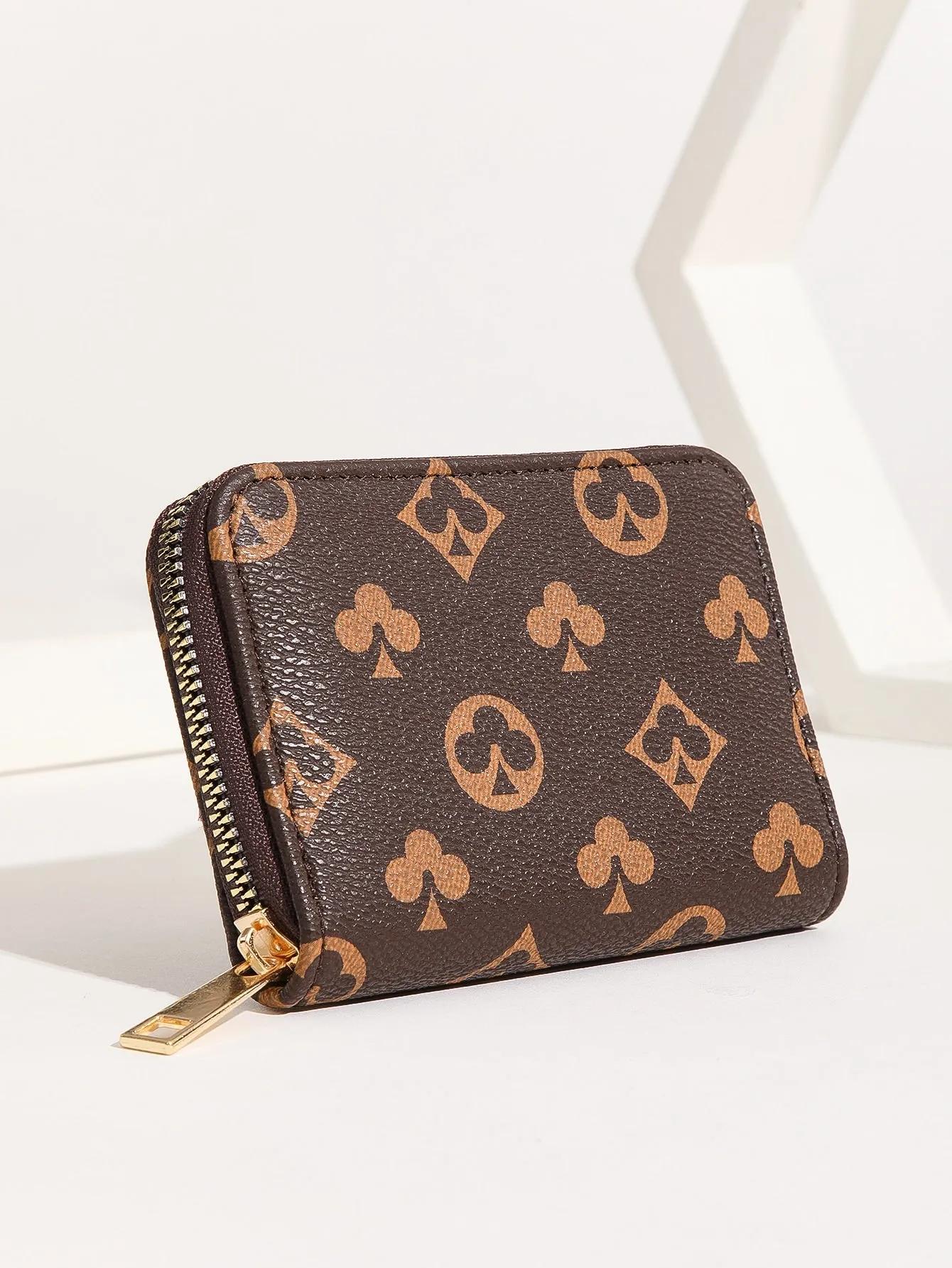Playing Card Print Zipper Around Card Holder - Coffee Brown