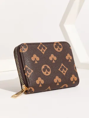 Playing Card Print Zipper Around Card Holder - Coffee Brown