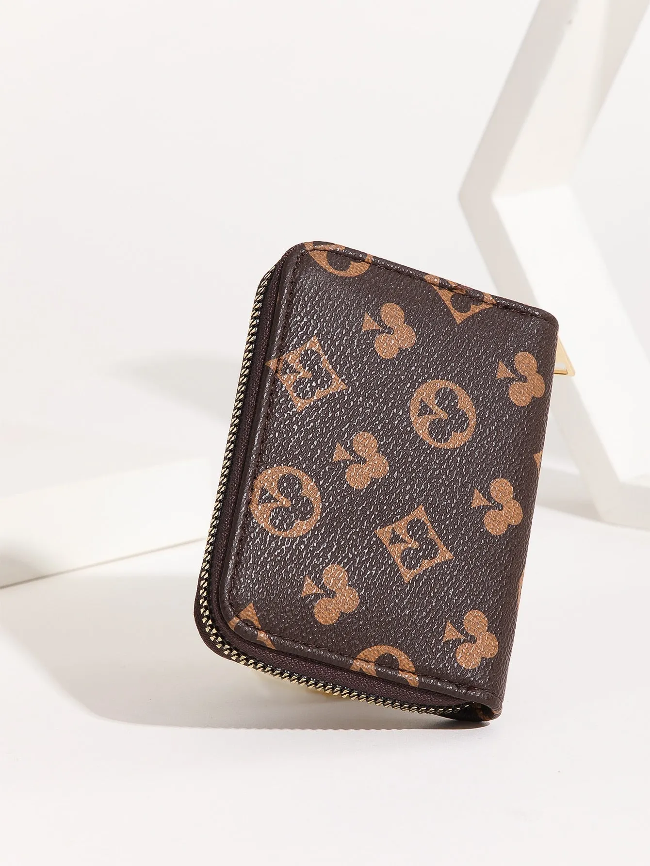 Playing Card Print Zipper Around Card Holder - Coffee Brown