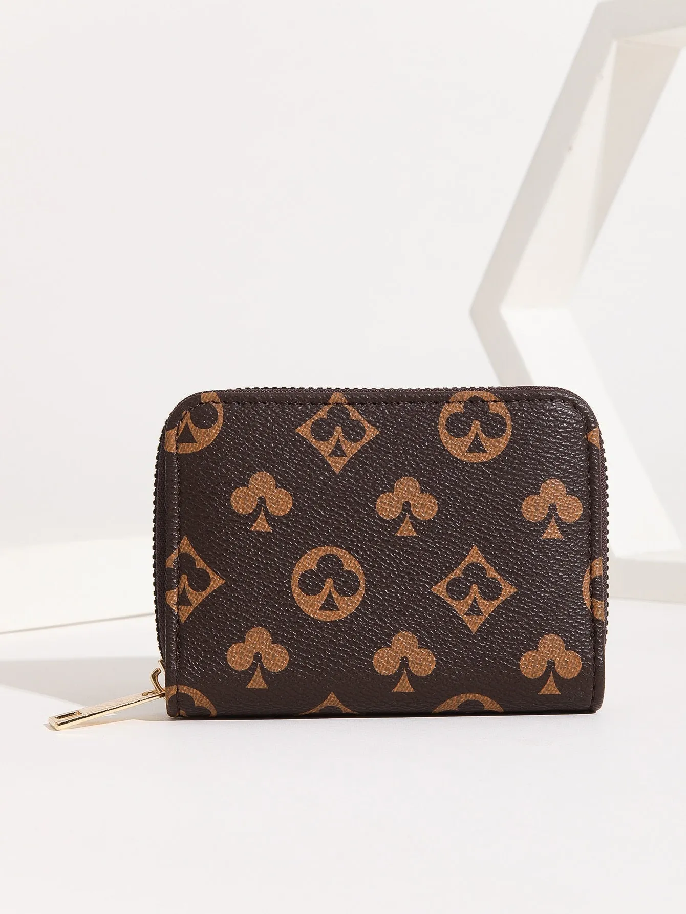 Playing Card Print Zipper Around Card Holder - Coffee Brown