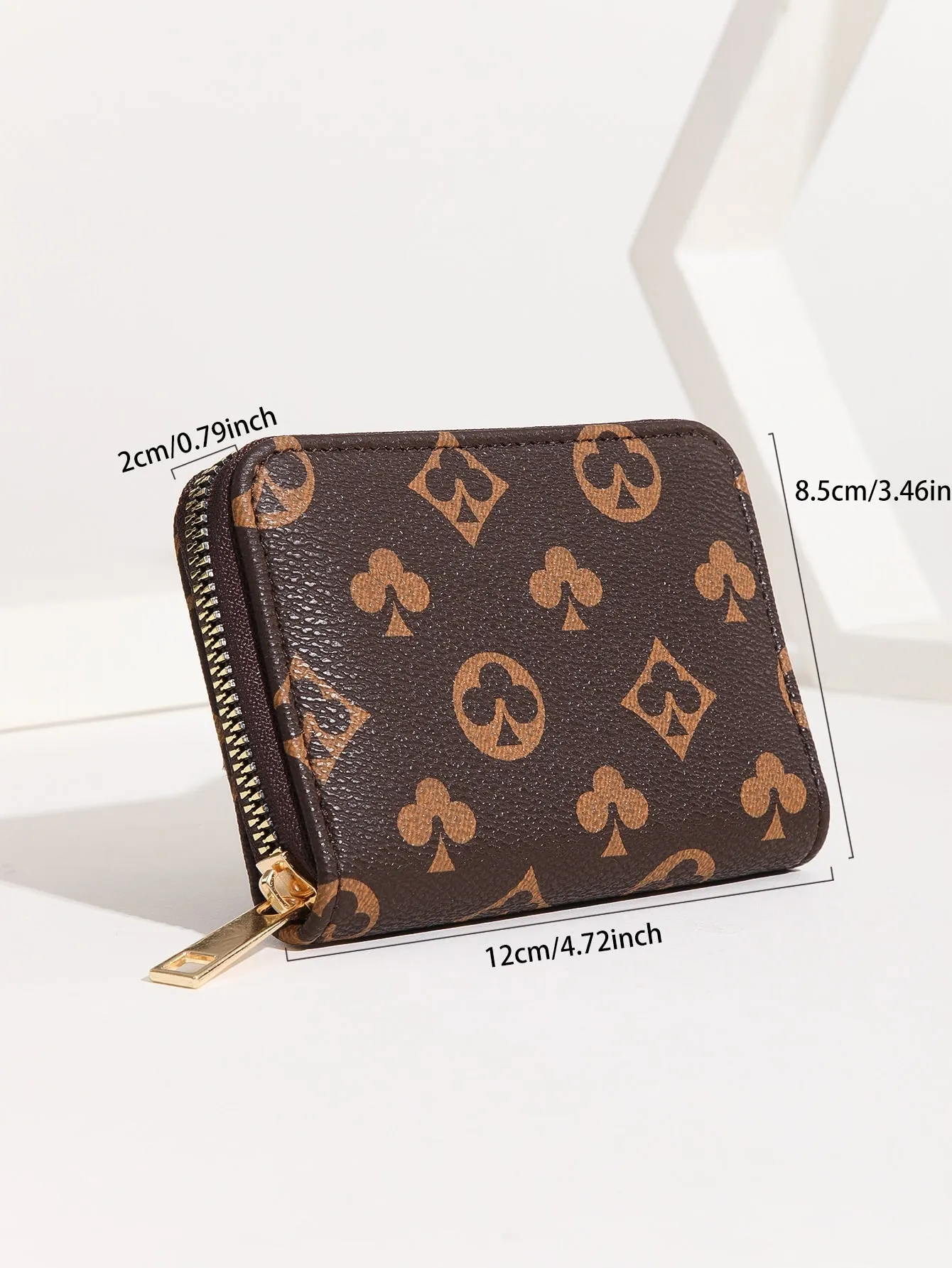 Playing Card Print Zipper Around Card Holder - Coffee Brown