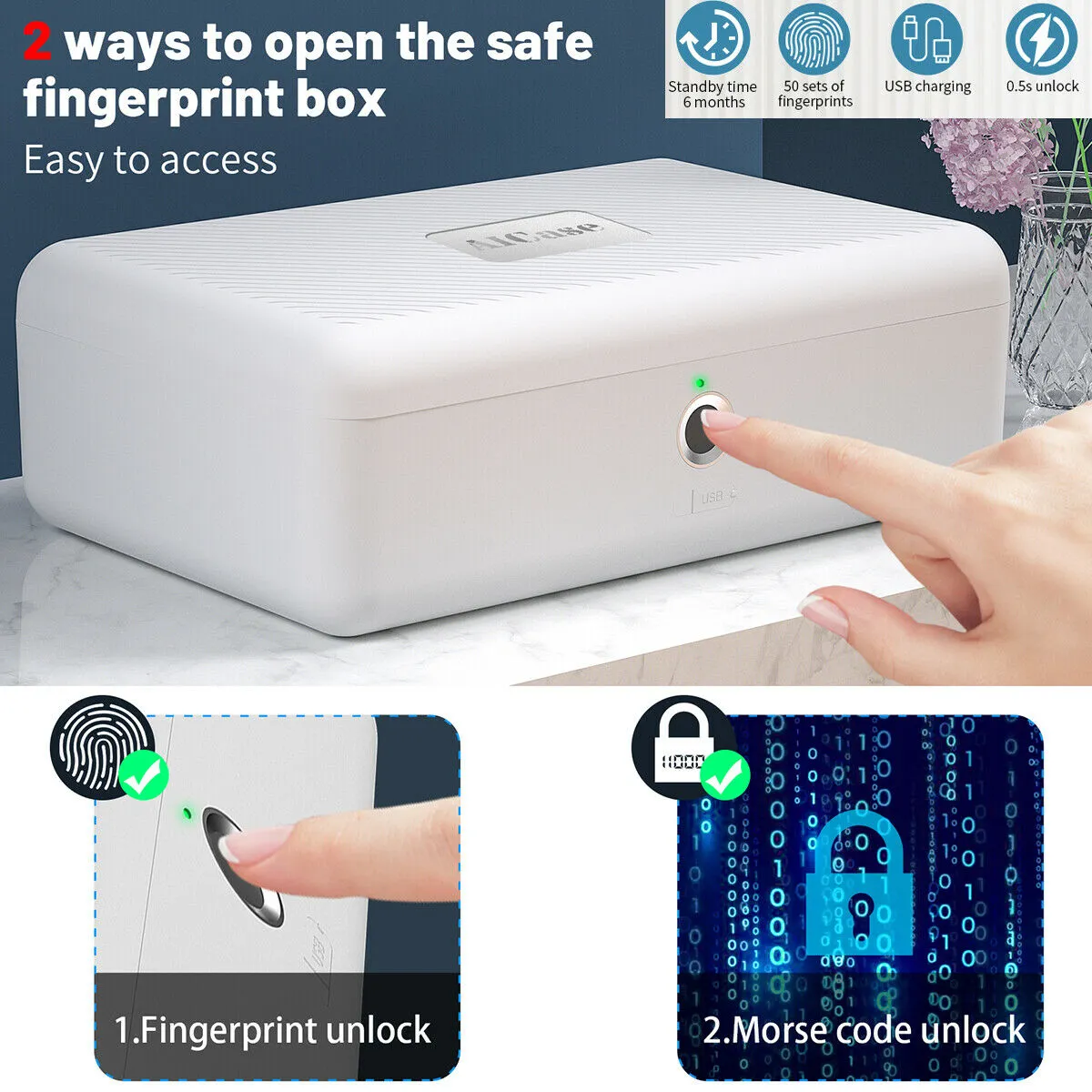 Portable Fingerprint Storage Box Cash Medicine Jewelry Security Safe Lock Box