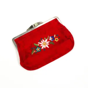 Red Velvet Coin Purse, Embroidered Flowers, Vintage