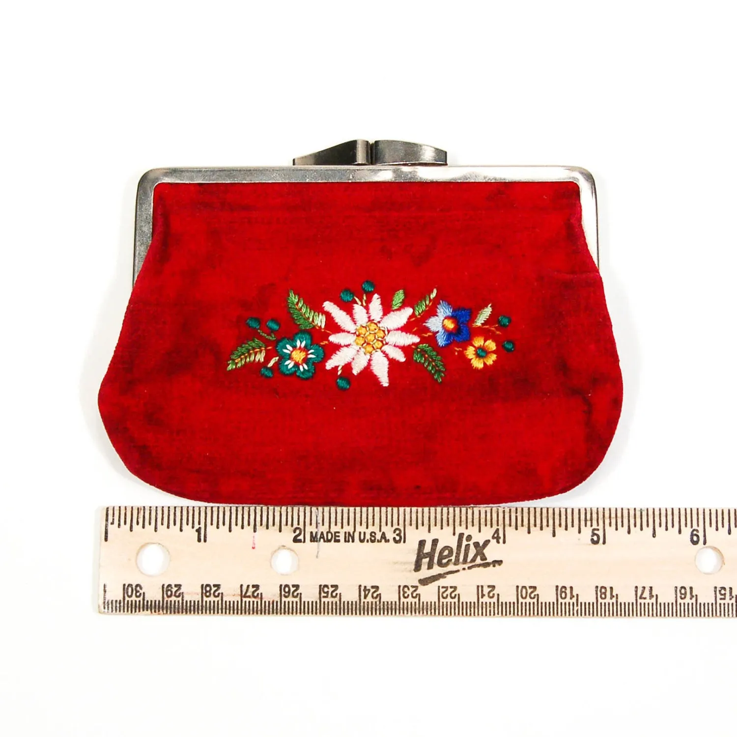 Red Velvet Coin Purse, Embroidered Flowers, Vintage