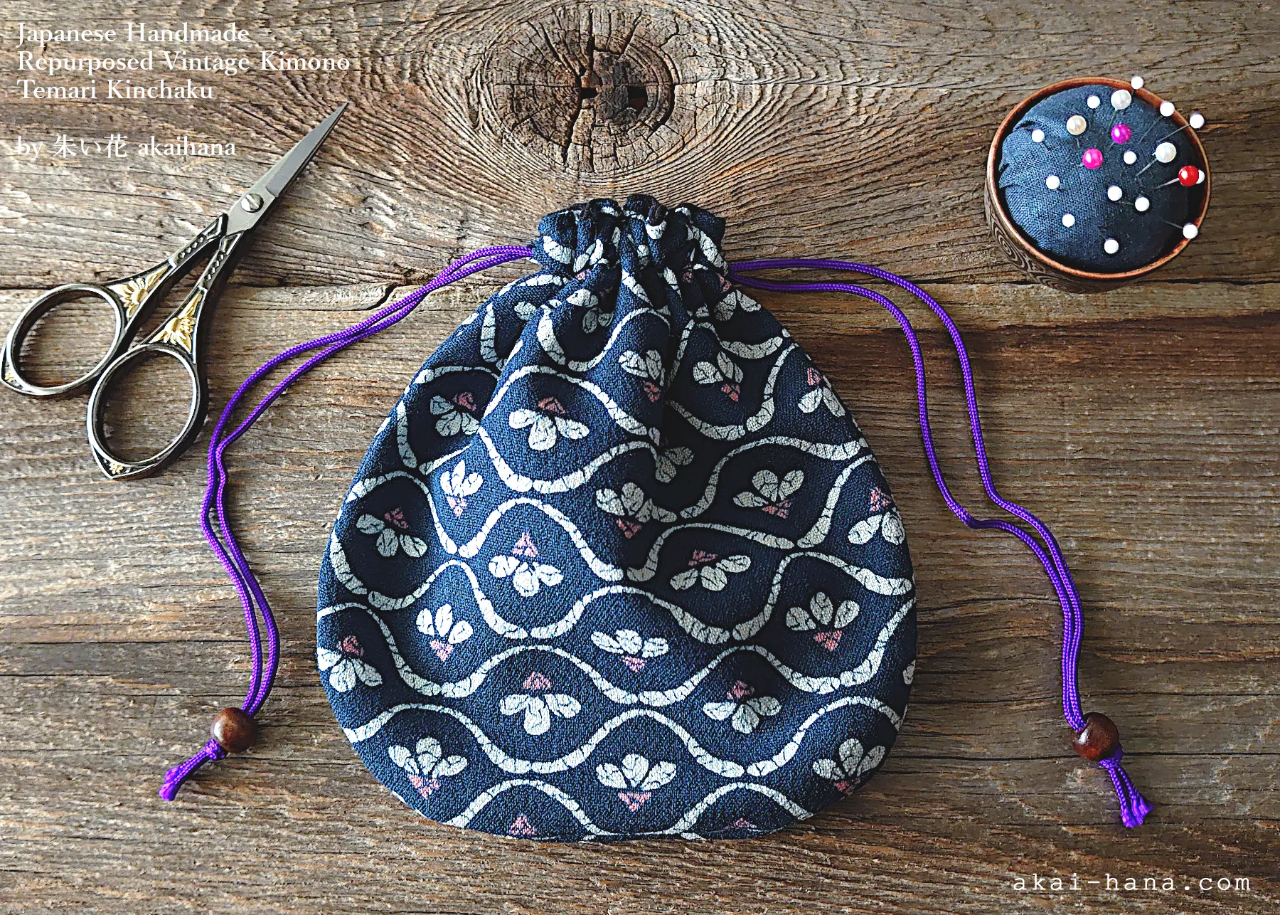 Repurposed Vintage Kimono Temari Kinchaku Purse, tkvk0007