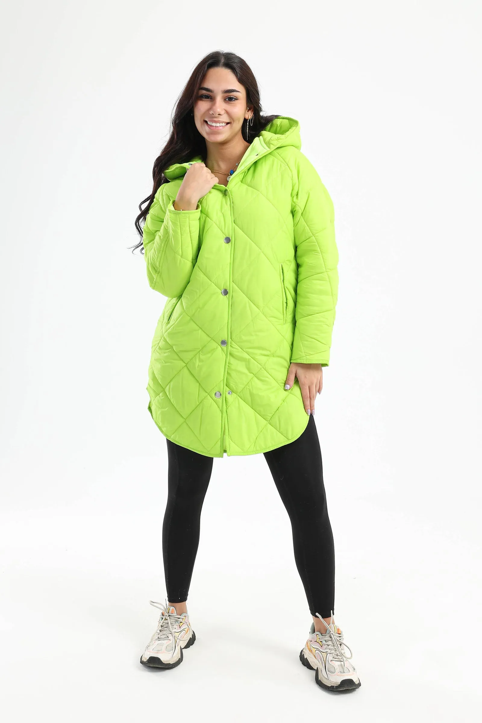 Rounded Hem Puffer Jacket - Lime