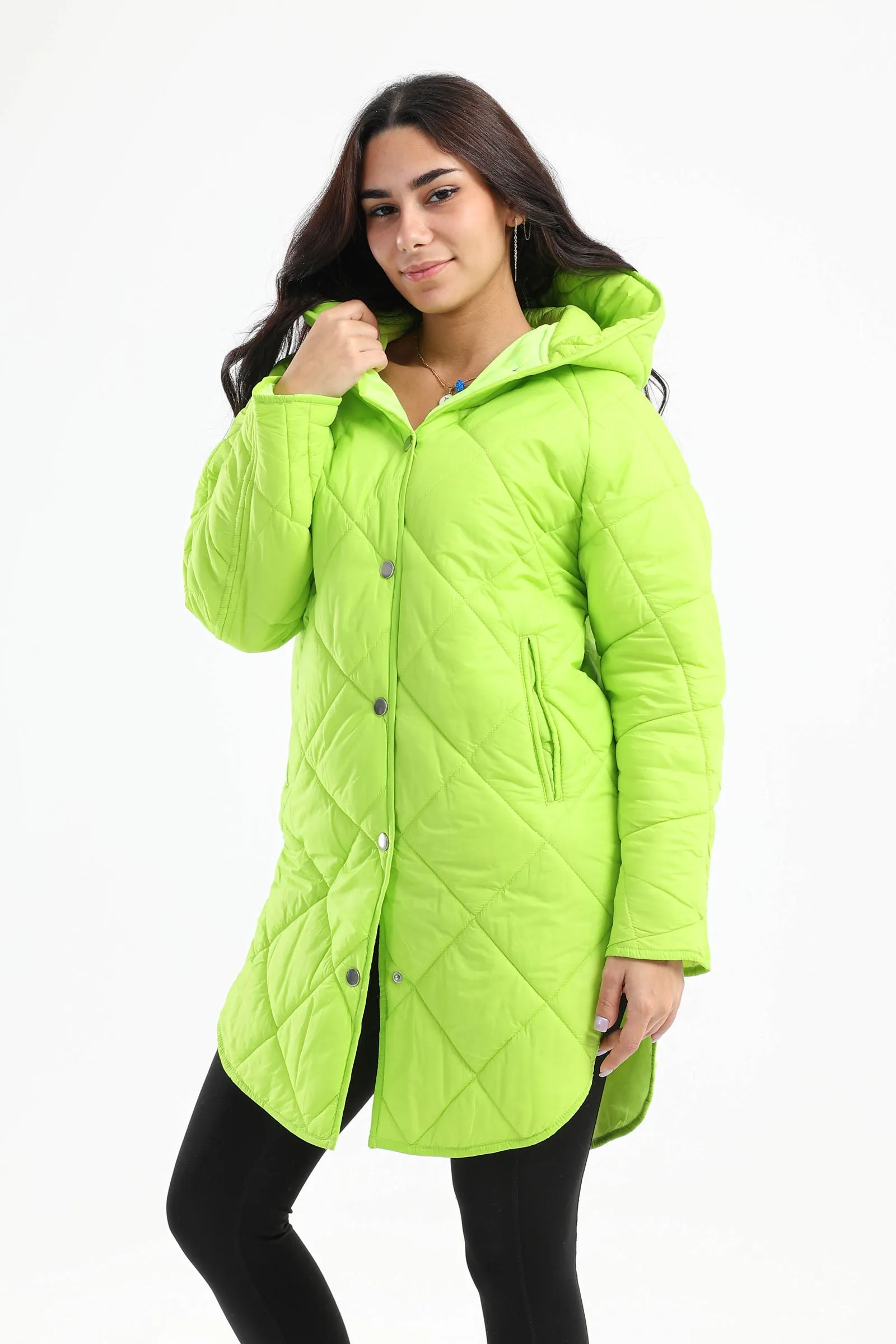 Rounded Hem Puffer Jacket - Lime